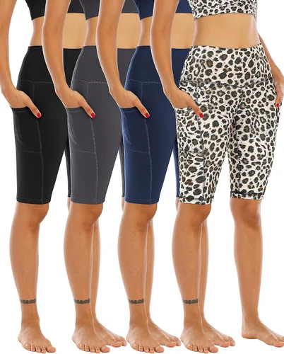 Miniatura 7 de WHOUARE Paquete de 4 pantalones cortos de yoga con bolsillos para mujer, cintura alta, atléticos, correr, entrenamiento, gimnasio, control de abdomen