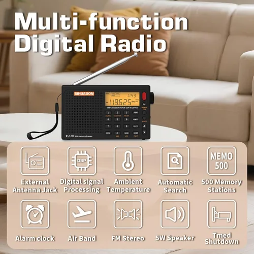 Miniatura 4 de XHDATA R108 Radio Portátil AM/FM/SW/LW/Airband Receptor de Onda Corta Radio Operado por Batería con Buena Recepción, Excelente Sonido Altavoz
