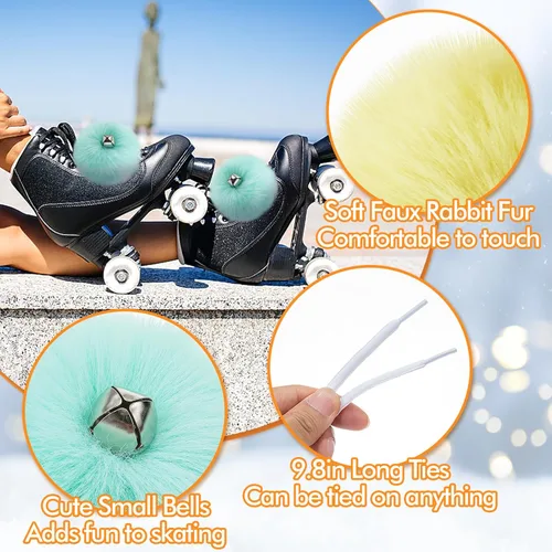 Miniatura 6 de PAMASE Pompones para Patines de Ruedas para Niñas y Mujeres - 6 Pares de Pompones Esponjosos y Coloridos con Cascabeles, Cordones de Zapatos