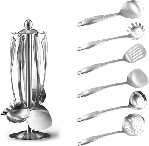 Juego de utensilios de cocina – 6 piezas de utensilios de cocina de acero inoxidable 304 con soporte giratorio organizador incluye cuchara ranurada