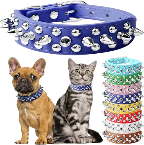 Miniatura 10 de Collar de perro con pinchos para perros pequeños, collares de cachorro macho con pinchos de cuero PU con remaches de hongos, collares tachonados