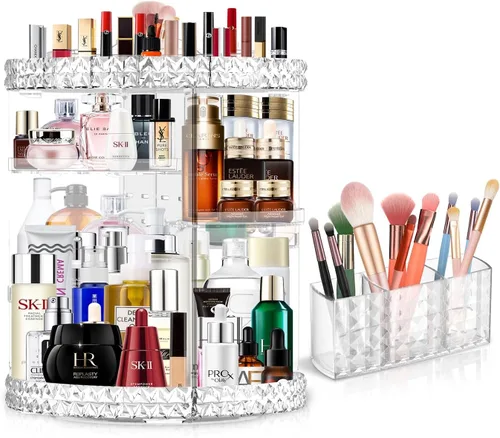 Organizador de maquillaje giratorio de 360 grados para tocador + soporte para brochas de maquillaje, organizador de perfumes con 6 capas ajustables