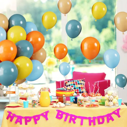 Miniatura 4 de Globos Saxuxu azul, amarillo y naranja, de 12 pulgadas, globos retro azul marino, amarillo y naranja, de látex y helio para cumpleaños de niños