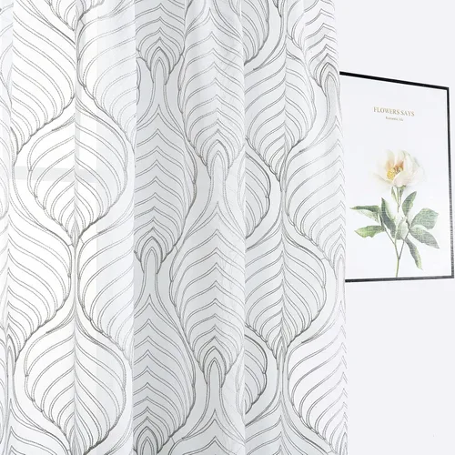 Miniatura 35 de VISIONTEX Cortinas traslúcidas blancas de 63 pulgadas de largo, juego de 2 paneles de bordado marroquí con puntos beige, tela de gasa bordada
