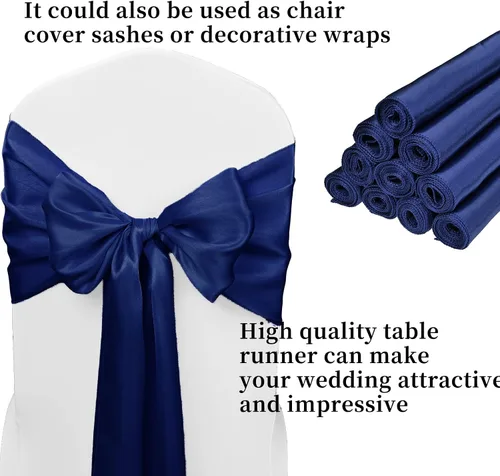 Miniatura 3 de Paquete de 10 caminos de mesa de satén azul marino de 12 x 108 pulgadas de largo para bodas, decoraciones para fiestas de cumpleaños, banquetes
