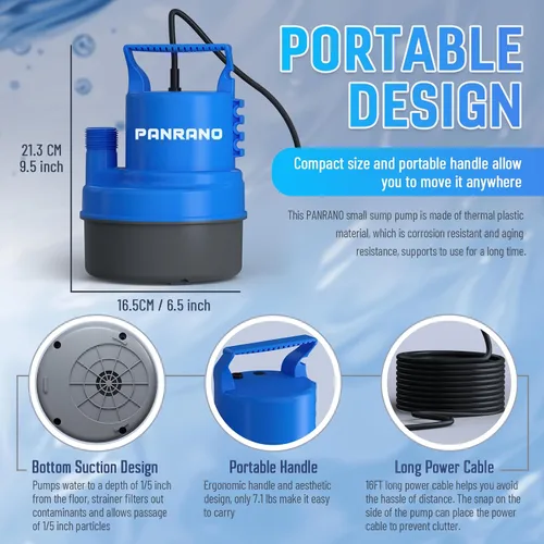 Miniatura 4 de Bomba de agua sumergible de 1/3 HP 2000 GPH Bomba de sumidero pequeña portátil para cubierta de piscina, sótanos, charcos, estanques de jardín
