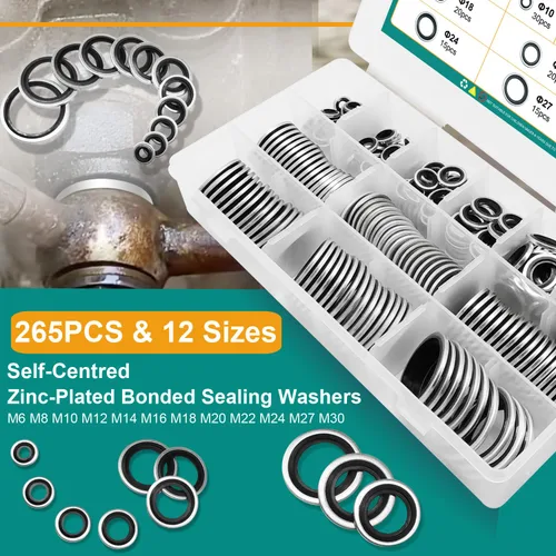 Miniatura 3 de 265 piezas NBR Arandelas de sellado unidas de metal, acero chapado en zinc métrico autocentrado Dowty Seal Junta de sellado aplastante Kit surtido