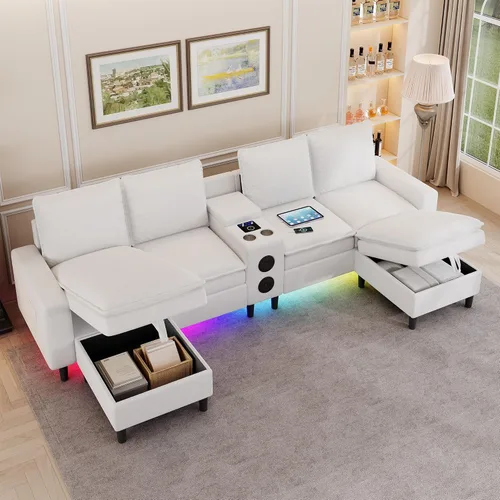 Miniatura 9 de Sofás seccionales para sala de estar, sofá modular de 4 asientos con módulo inteligente, altavoz Bluetooth, luz RGB, estación de carga, sofá de nube