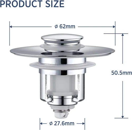 Miniatura 5 de Tapón universal 2 en 1 para lavabo de baño, paquete de 2 coladores de drenaje emergente para lavabo para orificios de drenaje de lavabo de Plata