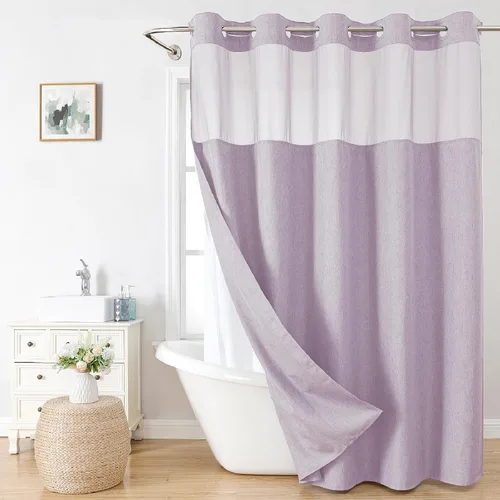 Miniatura 33 de eachope-Cortina de ducha de lino texturizado, forro de tela a presión, no necesita ganchos, ventana superior de malla, cal. hotelera de lujo, Crema