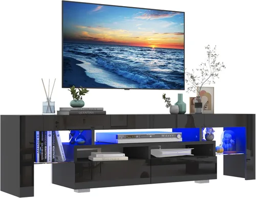 Miniatura 7 de Vinctik 6&Fox Soporte de TV negro para TV de 55/60/65 pulgadas, centro de entretenimiento moderno con 2 cajones de almacenamiento y luz LED, mueble