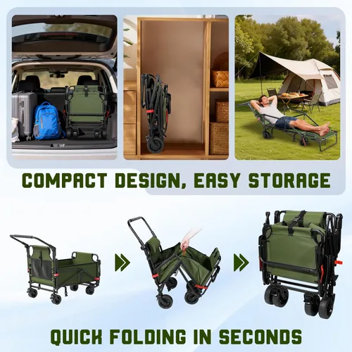 Miniatura 7 de LEVELEVE Vagón Plegable de Servicio Pesado - Carrito Plegable 2 en 1, Capacidad de 400 libras, Ruedas Todo Terreno con Frenos y Bolsillos Laterales