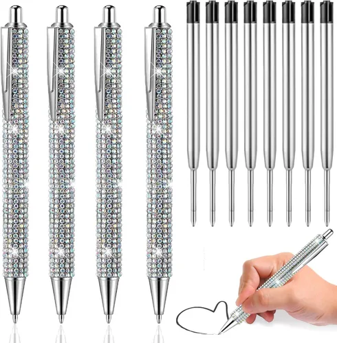 Bolígrafos brillantes para diamantes de imitación, 4 bolígrafos plateados brillantes con 8 repuestos retráctiles de tinta negra para suministros de
