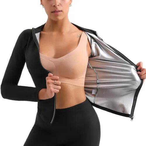 Traje de sauna, chaqueta moldeadora de cuerpo de sudor caliente, entrenador de cintura, manga larga, con cremallera, camiseta de entrenamiento Negro