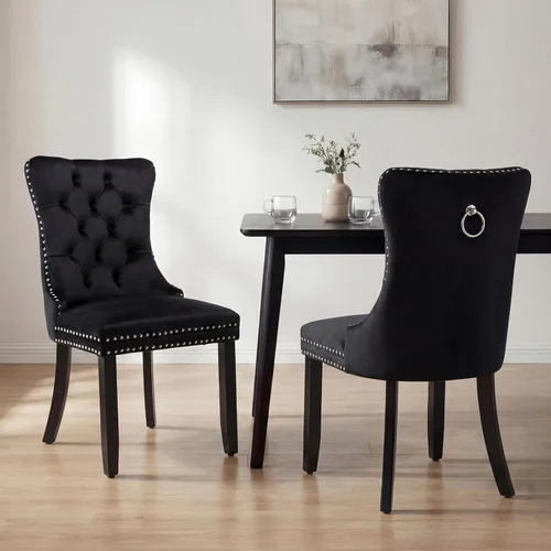 Miniatura 89 de OVENTA Juego de 4 sillas de comedor modernas tapizadas copetudas, terciopelo negro y gris y cuero con patas de madera maciza, sillas de cocina