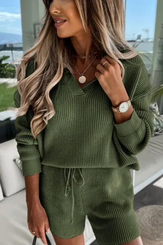Miniatura 2 de PRETTYGARDEN Womens 2024 2 Piece Winter Long Sleeve V Neck Knit Pullover Sweater And Shorts Tracksuit Sets