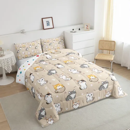Miniatura 4 de Erosebridal Juego de edredón de tamaño matrimonial con diseño de gatos y gatos, lindo juego de ropa de cama Kawaii para niñas y niños