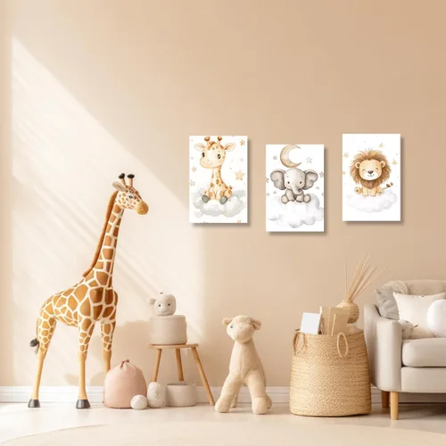 Miniatura 2 de DOARTDO Lienzo decorativo para cuarto de bebé, 3 piezas, diseño de elefante, león, jirafa, pintura para habitación de niños, marco decorativo