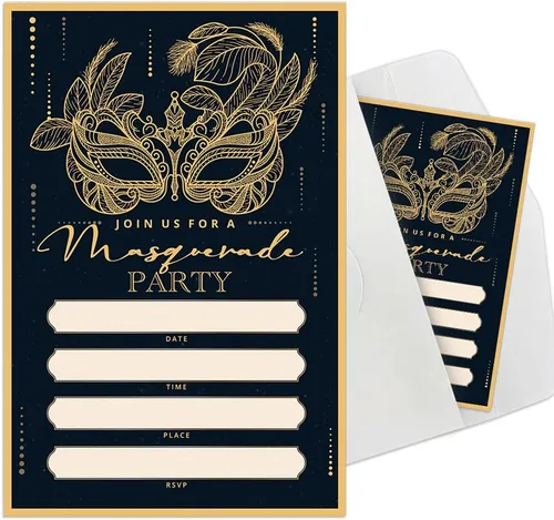 Miniatura 7 de Invitaciones para fiesta de máscaras, invitaciones de fiesta de Mardi Gras, 15 tarjetas y sobres, diseño floral moderno, unisex, adultos, ocasión