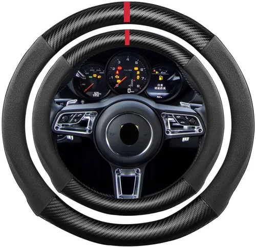 Funda de volante de ante con fibra de carbono de K LAKEY, compatible con Porsche 718 Boxster Cayman 911 Panamera Macan Cayenne de 15 pulgadas, cuero