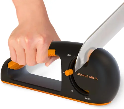 Afilador de cuchillos naranja Ninja de 4 etapas y afilador de cuchillos serrados – repara, afila y pule cuchillas con agarre ergonómico