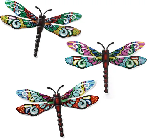 Miniatura 5 de Decoración de pared de metal con libélula al aire libre, arte de pared para patio, decoración colgante para sala de estar, dormitorio, paquete de 3