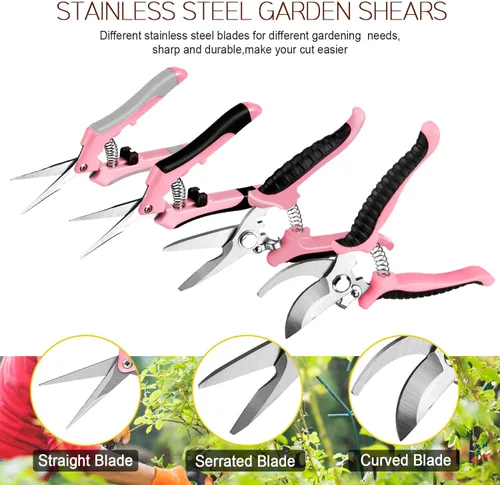 Miniatura 6 de 4 paquetes de tijeras de podar para jardín, con cuchillas de acero inoxidable, tijeras manuales de podar con guantes de jardinería (Rosa)