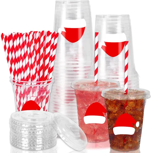Miniatura 31 de Whaline 50 vasos de plástico desechables patrióticos de 12 onzas con tapas y pajitas con la bandera estadounidense del 4 de julio, vasos