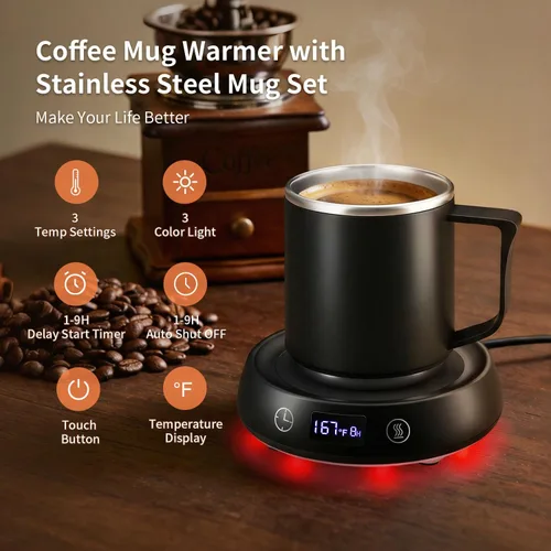 Miniatura 4 de Juego de calentador de tazas y tazas de café, calentador eléctrico de tazas para escritorio, placa calentadora de velas con temporizador de inicio