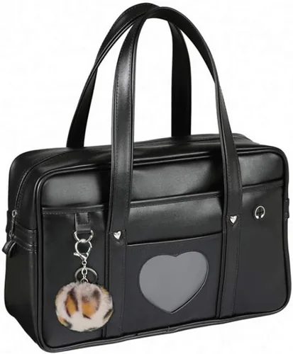 Bolso de hombro japonés grande, de piel sintética, Kawaii con pompón de leopardo rosa (tamaño grande A3, ventana de corazón negro), Negro -
