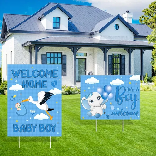 2 carteles decorativos de bienvenida para el patio del bebé, niño y niño, con estacas, diseño de elefante azul para baby shower, suministros de