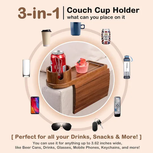 Miniatura 7 de Soporte de taza para sofá para reposabrazos de más de 4.9 pulgadas de ancho, bandeja de brazo de sofá de madera de acacia con soporte de taza