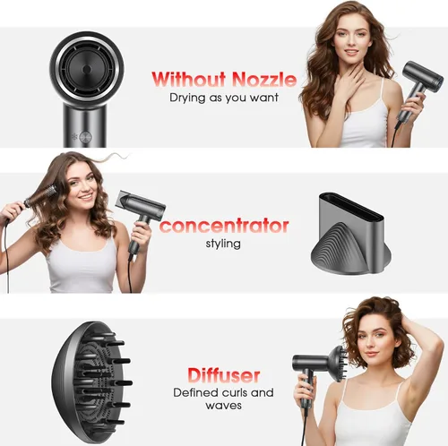 Miniatura 4 de Secador de pelo con accesorios difusores magnéticos, secador iónico profesional de alta velocidad para secado rápido, 9 ajustes de calor y 2 ajustes
