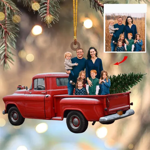 IZI POD Adorno personalizado para tu foto, adorno de mica con foto personalizada, adorno de Navidad familiar, camión rojo familiar, adorno A9