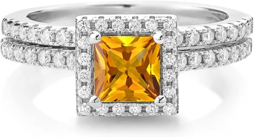 Miniatura 14 de 925 Sterling Silver Halo Bridal Ring Band Set for Women 5MM Princess Cut Gemstone Birthstone with Round White Moissanite Accents Wedding