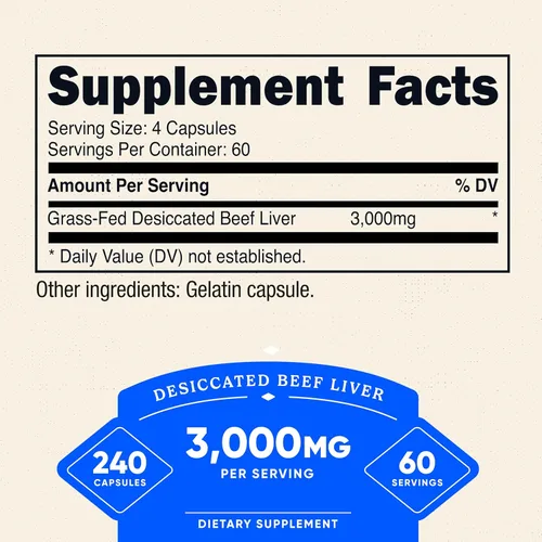Miniatura 2 de Nutricost Cápsulas de Hígado de Res Desecado Alimentado con Pasto 3000mg Por Porción (750mg Por Cápsula), 240 Cápsulas para 60 Porciones - Sin