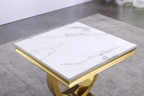 Miniatura 4 de Mesa auxiliar moderna de mármol sintético, mesa auxiliar de mármol sintético con marco geométrico, mesa central rectangular de mármol, mesa de té