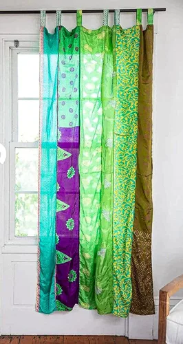 Miniatura 7 de EthinicCraftHub® - Cortina india de seda Sari con diseño de retazos estilo gitano bohemio hippy bohemio para colgar en la pared
