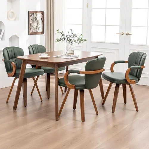 Miniatura 18 de Sillas de comedor giratorias de mediados de siglo, modernas sillas de cocina tapizadas de piel sintética negra con marco de madera curvada, sillas