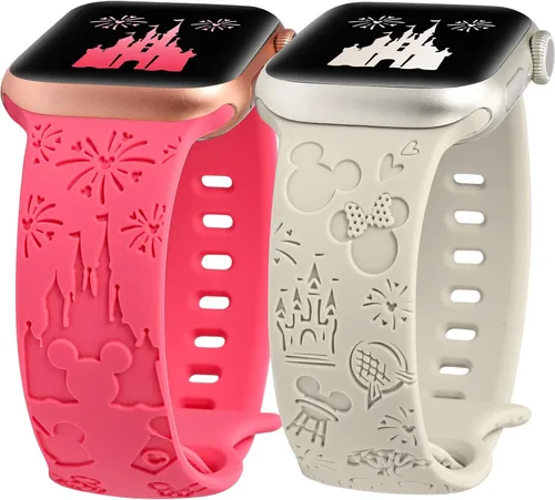 2 paquetes de correas grabadas con dibujos animados compatibles con Apple Watch de 38/40/41/42/44/45/46/49 mm, correa de silicona suave y linda para
