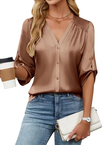 Miniatura 25 de Blooming Jelly Camisas con botones para mujer de manga 3/4, tops casuales elegantes, blusas de negocios de satén de seda plisado 2025