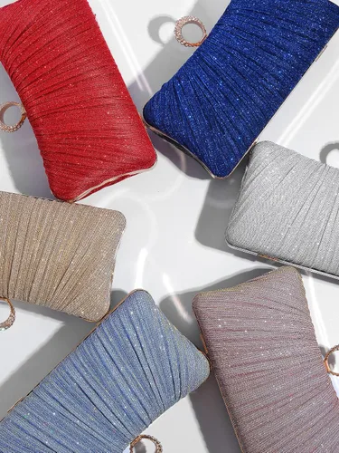 Miniatura 9 de iWISH Bolso de mano con purpurina dorada para mujer, bolsa de noche plisada para novia, boda, fiesta con anillo de diamantes de imitación