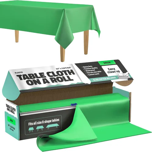 Rollo de mantel – 54" x 110 pies, color verde, manteles de mesa de plástico de alta calidad con caja cortadora - Cortar a medida - Cubierta de mesa