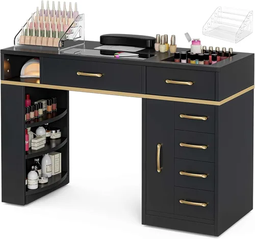 Estación de manicura para uñas para tecnología de uñas, mesa de uñas con colector de polvo eléctrico, 7 cajones y estantes, estación de trabajo de