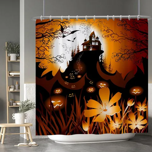 Miniatura 125 de Cortina de ducha de fantasma y gato negro para niños, 36 x 72 pulgadas, espeluznante y bonita, cortina de baño de Halloween con 6 ganchos, cortina