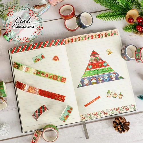 Miniatura 5 de 16 rollos de cinta adhesiva Washi de Navidad, cinta de enmascarar festiva, 4 tamaños, rojo y verde, cinta de envolver navideña, cinta decorativa