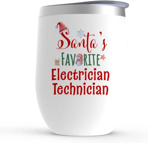 Santa's Favorite Electrician Technician Wine Tumbler - Christmas Gifts Birthday Xmas Party - Coworker Boss Friend Him Her Men Women - Stemless
