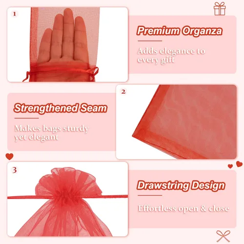 Miniatura 6 de Crweety 50 bolsas de organza roja de 3 x 4 pulgadas, pequeñas bolsas de regalo de malla con cordón, bolsa de regalo transparente para bolsita