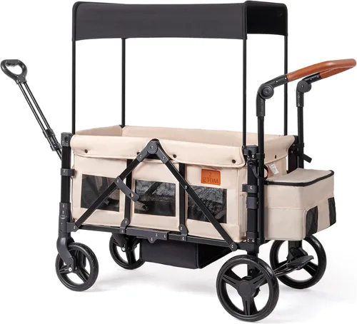 Miniatura 10 de Cochecito Vagón para 2 Niños con Espacio para Pies, Vagón Cochecito Plegable Todo Terreno con Asa Ajustable para Empujar/Jalar, Toldo, Organizador