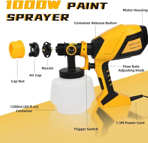 Miniatura 2 de Pulverizador de pintura HVLP de 1000 W, pistola eléctrica de alta eficiencia con 6 boquillas, 3 patrones y flujo ajustable, recipiente desmontable